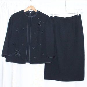 Vintage Butte Knit Black Wool 3 Pc Skirt Suit Set Tank Jacket Women's XS/S 24" W